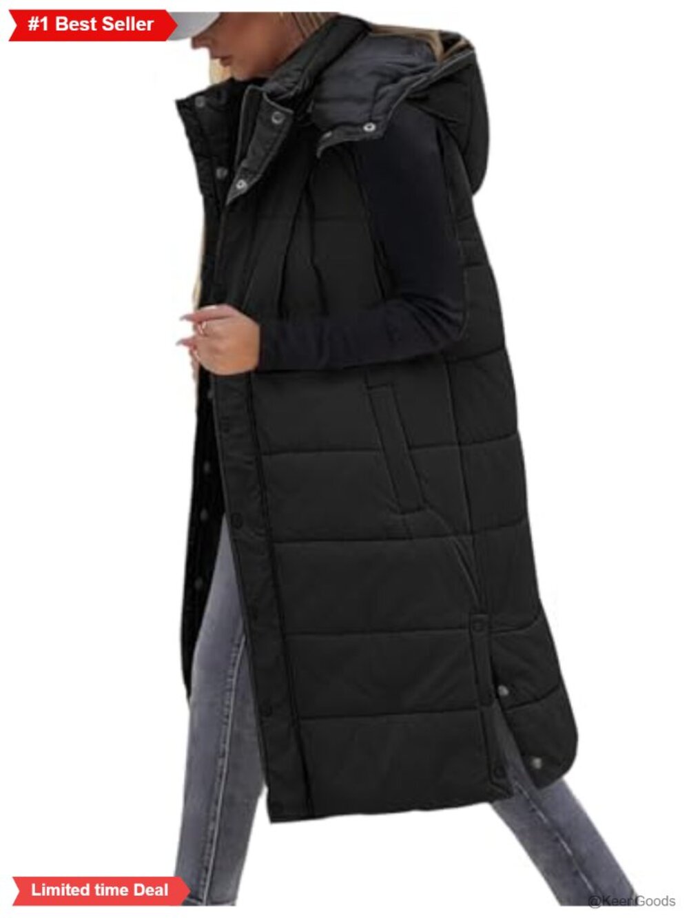Long Puffer Vest Women Quilted Button Down Sleeveless Hooded Knee Length